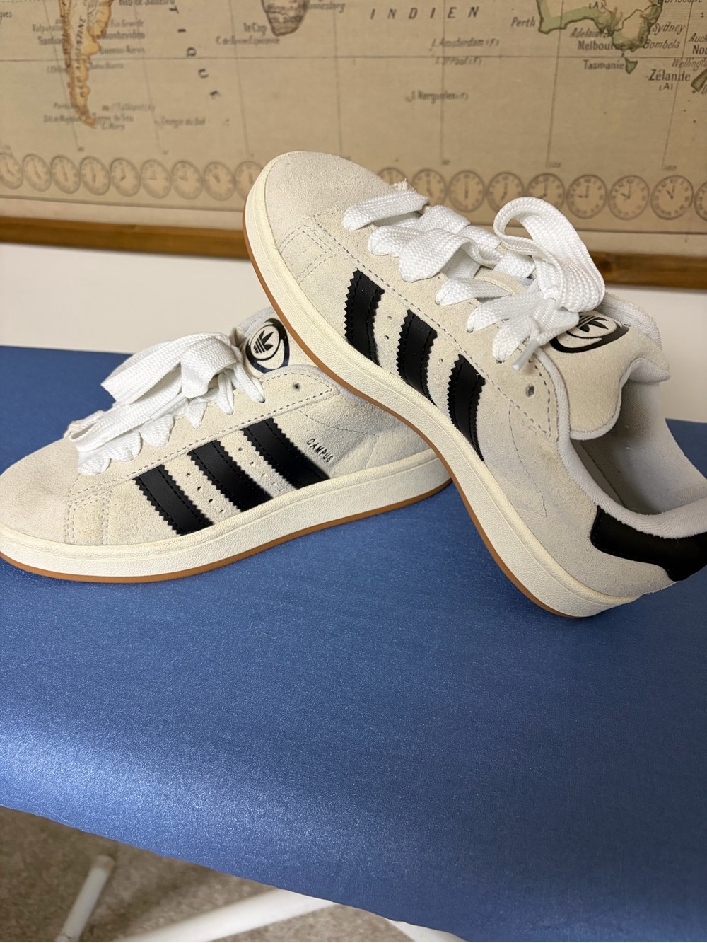adidas Women’s Cream Suede Sneakers with Black Stripes